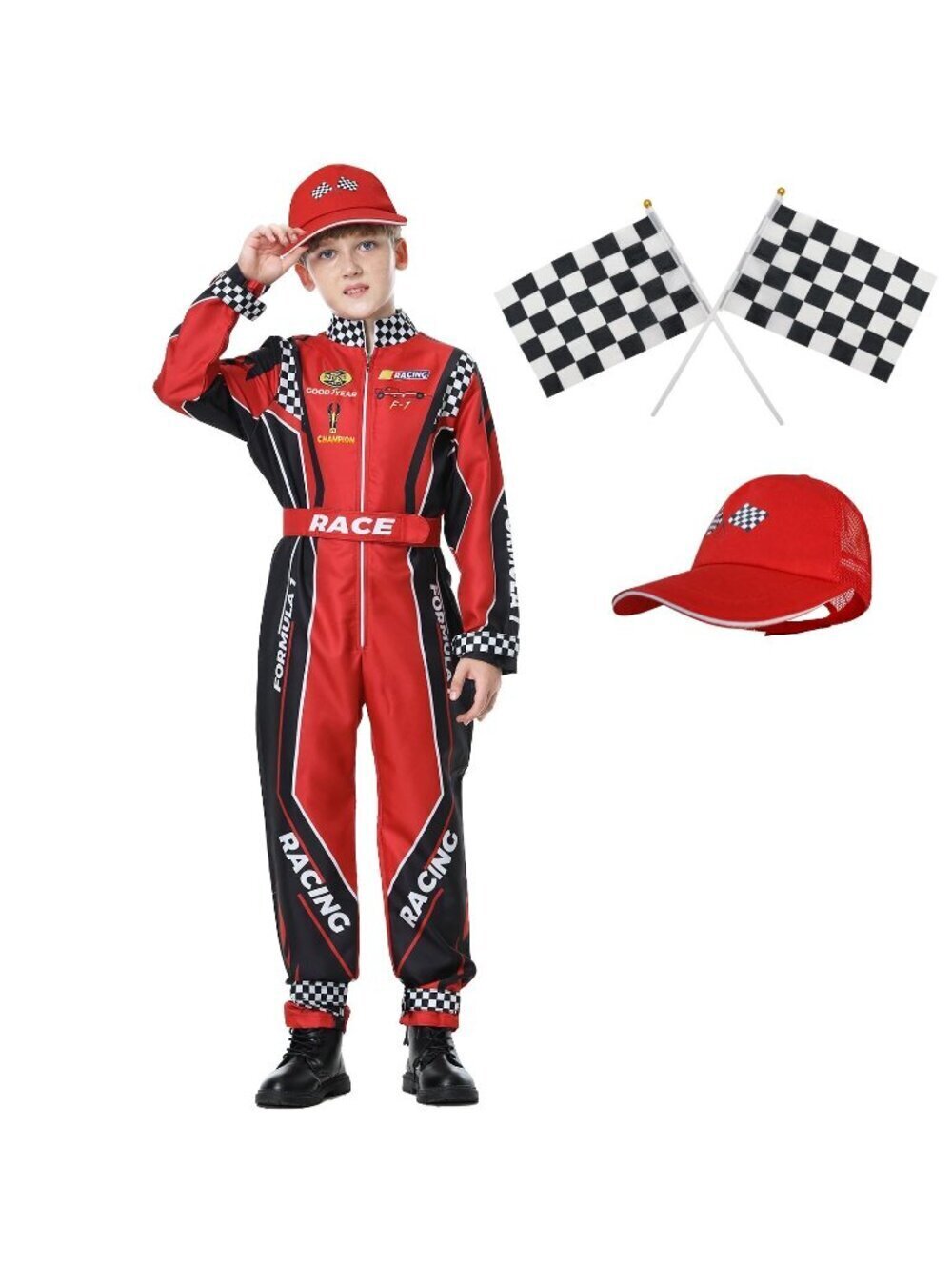 Treyrea Race Car Driver Costume Boys Jumpsuit Cap Kids Dress Up Small(for height